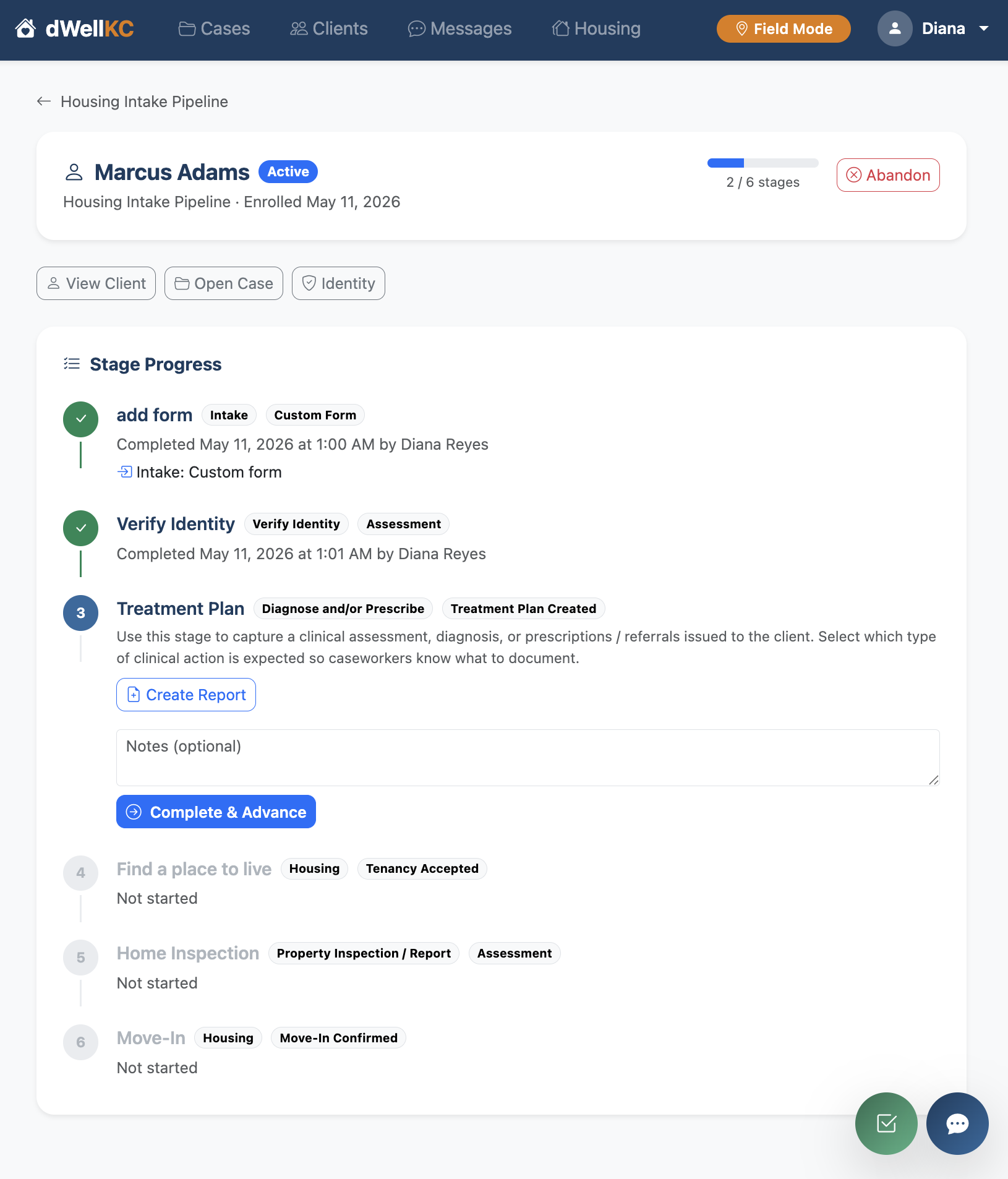 A client's stage progress through a custom pipeline